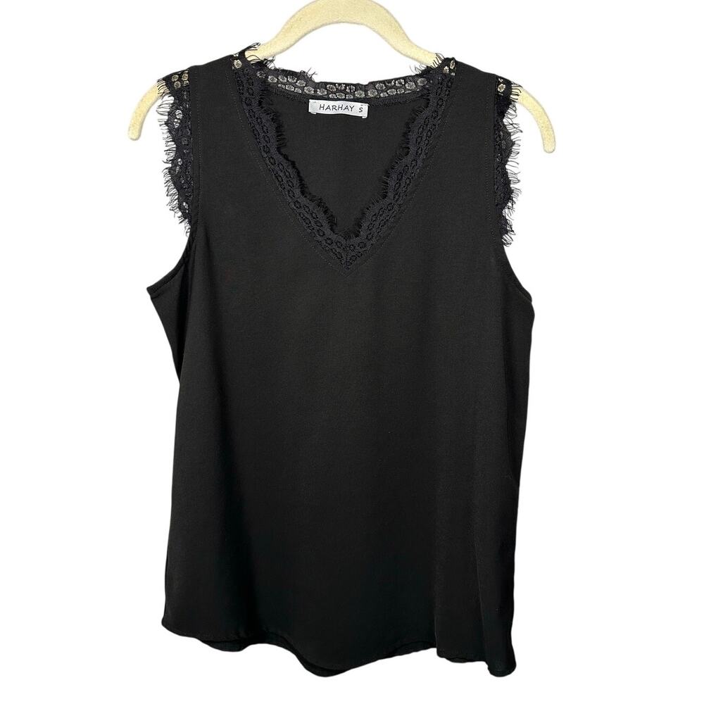 HARHAY Black V Neck Lace Trim Sleeveless Blouse Women's Small